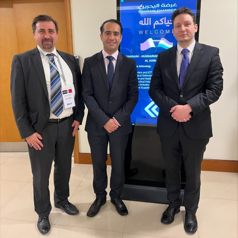 ABRIS CEO Zsolt Godry and Global Sales Manager Jorge Proano with MFA Head of Unit Aron Kerekgyarto in Bahrain