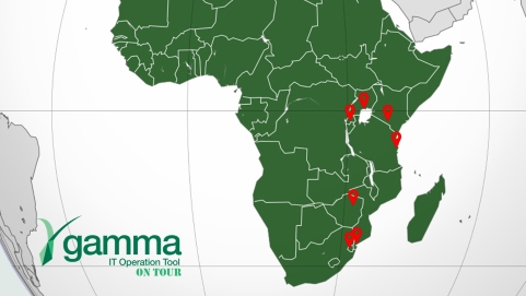 A map of Africa with the GAMMA logo and ON TOUR written in capitals, and red pins marking the countries visited by ABRIS in March 2022