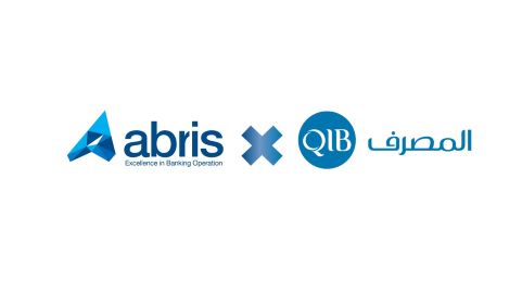 The logos of ABRIS and Qatar Islamic Bank with an x indicating a shared story (that of QIB purchasing GAMMA for upgrading core banking operations) between them